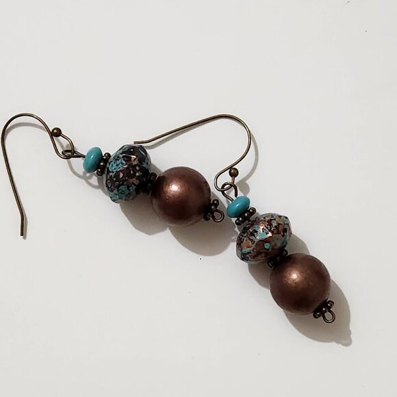 Hand Crafted Pierced Bead Earrings Turquoise Bronze Dangle Drop - Picture 5 of 5